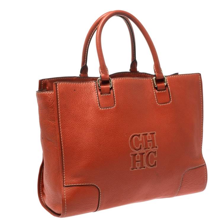 Pre Owned Carolina Herrera Orange Leather Shopper Tote