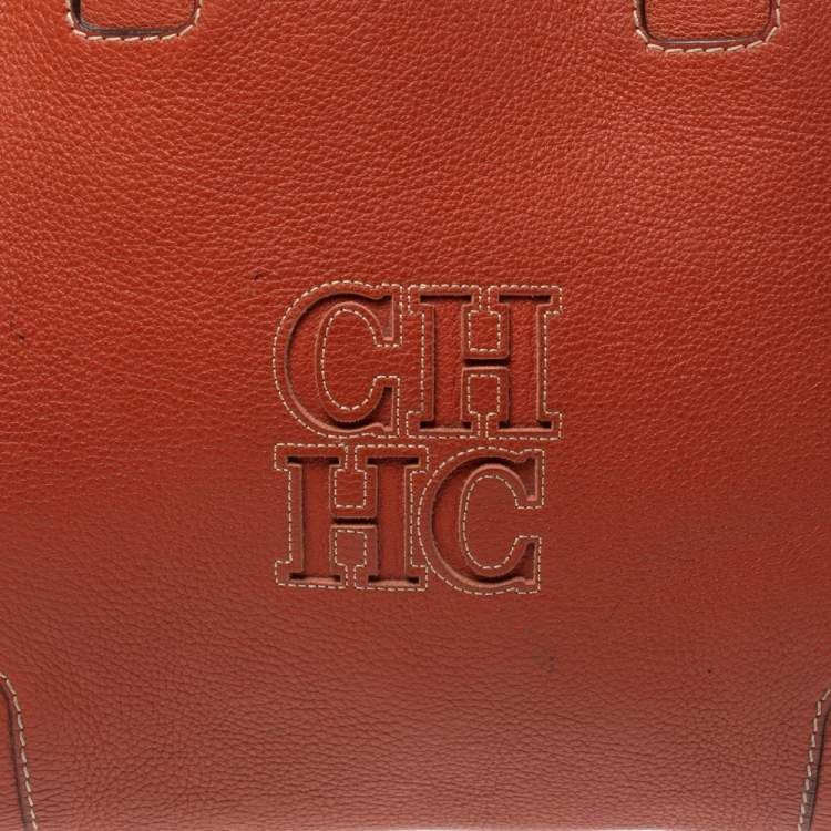 Pre Owned Carolina Herrera Orange Leather Shopper Tote