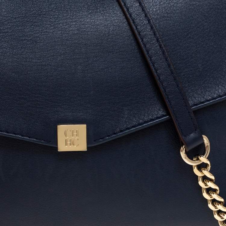 Pre Owned Carolina Herrera Navy Blue Leather Envelope Shoulder Bag