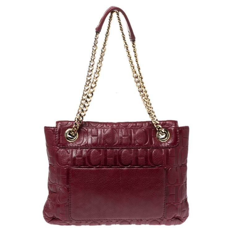 Pre Owned Carolina Herrera Burgundy Monogram Leather Audrey Shoulder Bag