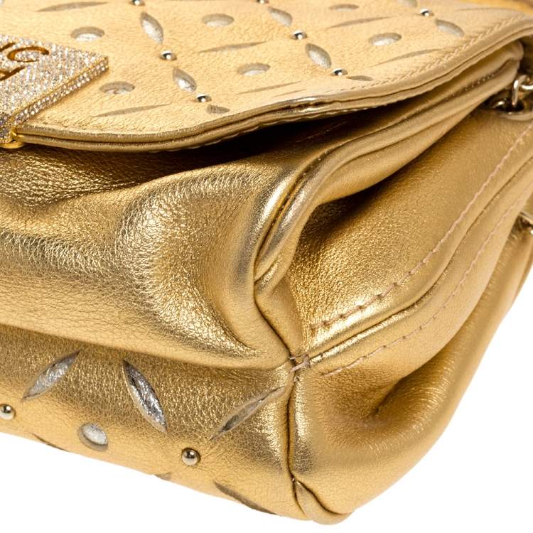 Pre Owned Carolina Herrera Metallic Gold Leather Embellished Shoulder Bag