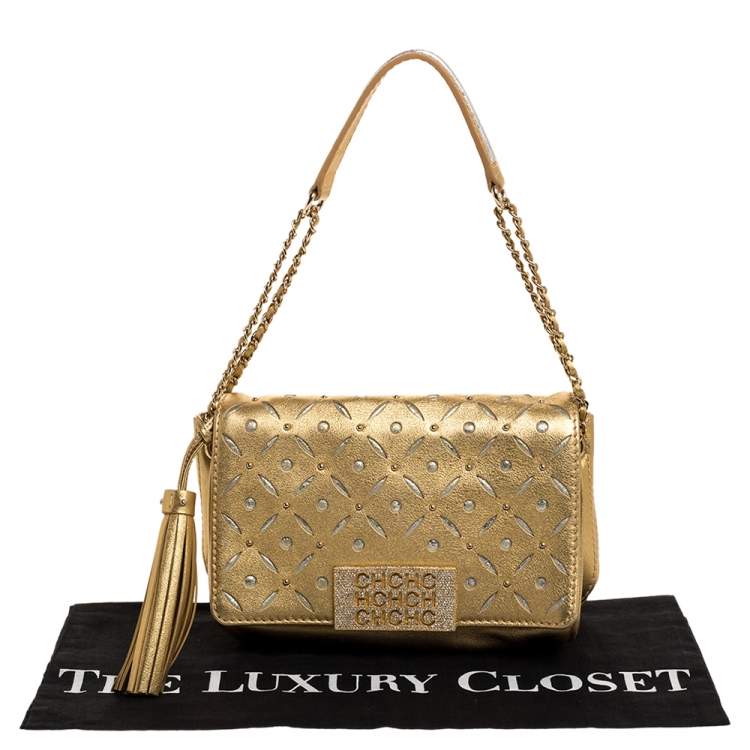 Pre Owned Carolina Herrera Metallic Gold Leather Embellished Shoulder Bag