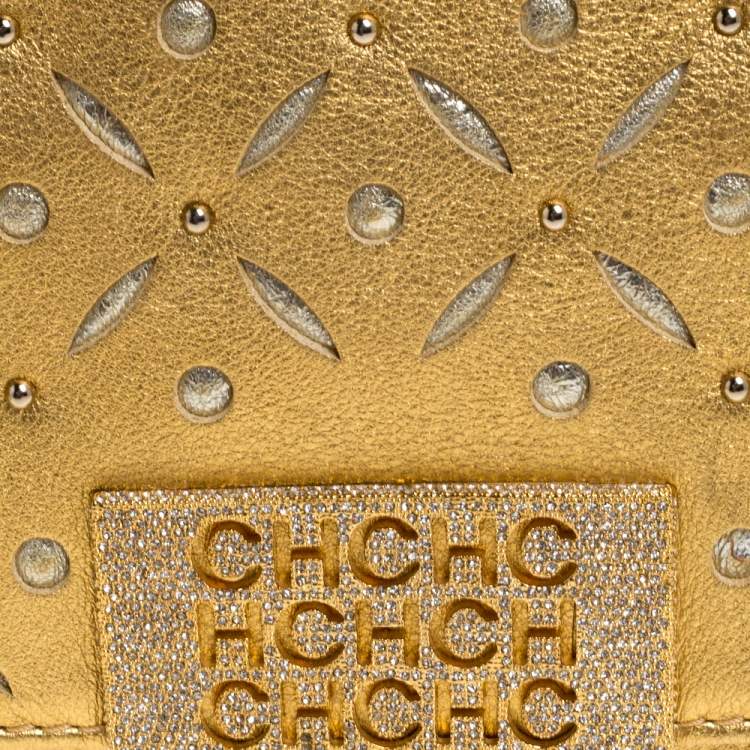 Pre Owned Carolina Herrera Metallic Gold Leather Embellished Shoulder Bag