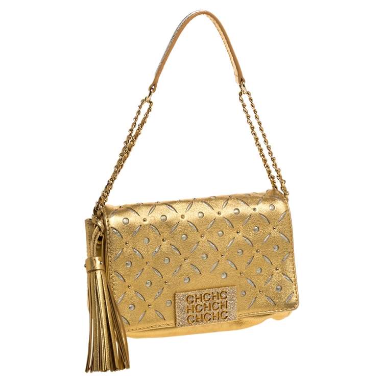 Pre Owned Carolina Herrera Metallic Gold Leather Embellished Shoulder Bag