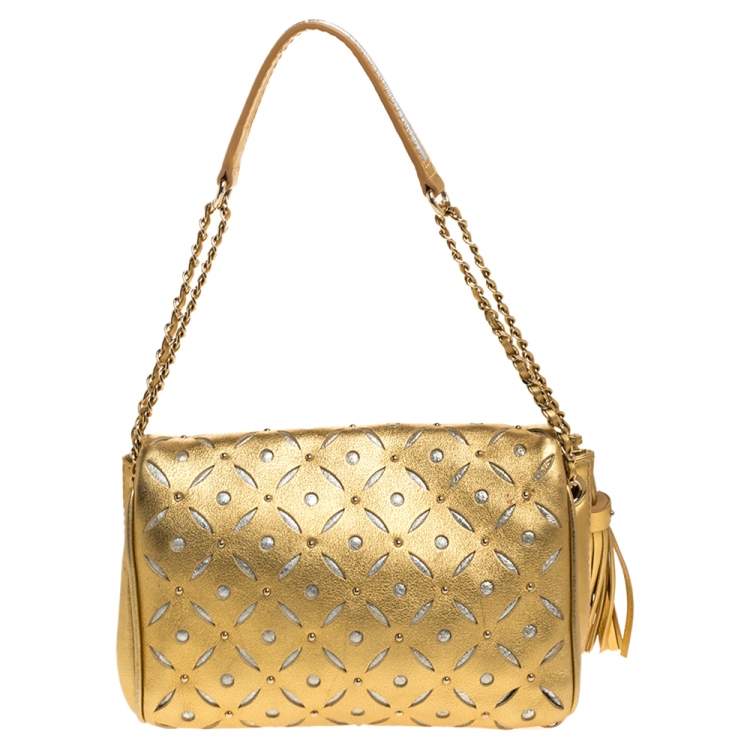 Pre Owned Carolina Herrera Metallic Gold Leather Embellished Shoulder Bag