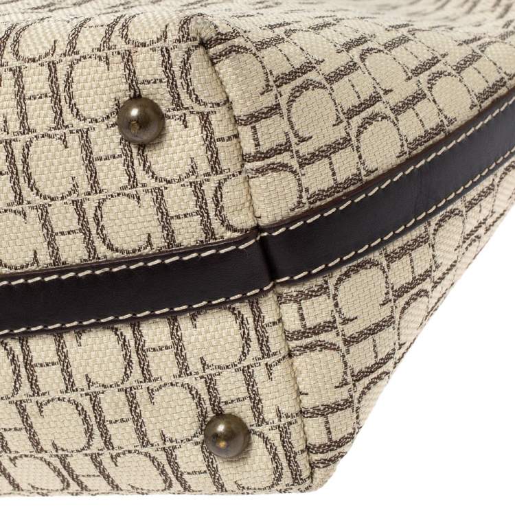 Pre Owned Carolina Herrera Beige/Brown Monogram Canvas and Leather Shopper Tote