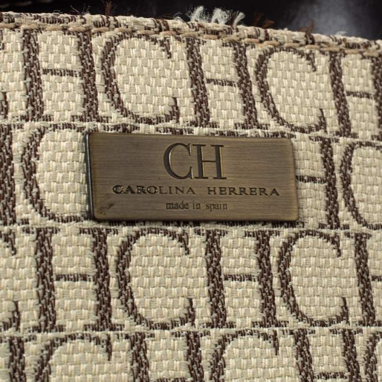 Pre Owned Carolina Herrera Beige/Brown Monogram Canvas and Leather Shopper Tote