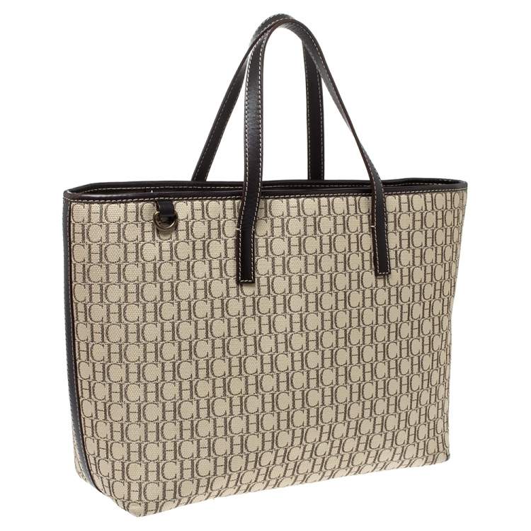 Pre Owned Carolina Herrera Beige/Brown Monogram Canvas and Leather Shopper Tote