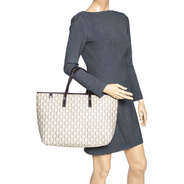 Pre Owned Carolina Herrera Beige/Brown Monogram Canvas and Leather Shopper Tote