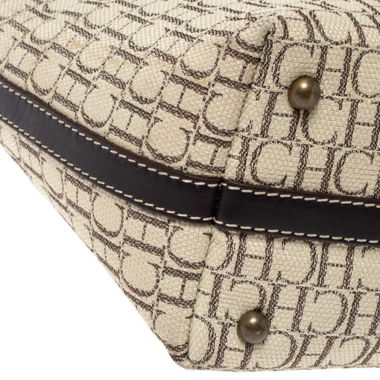 Pre Owned Carolina Herrera Beige/Brown Monogram Canvas and Leather Shopper Tote