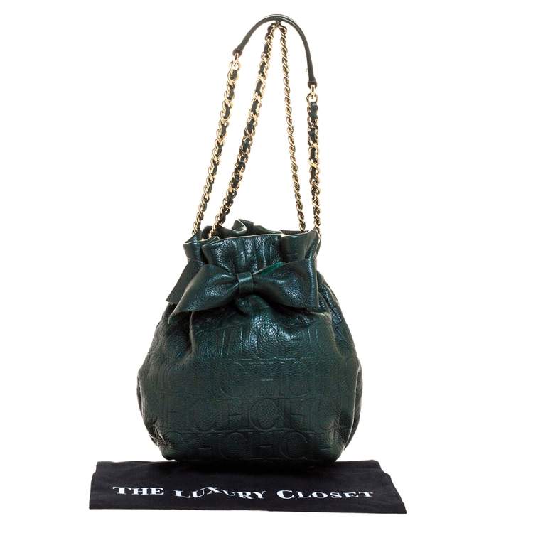 Pre Owned Carolina Herrera Dark Green Monogram Embossed Leather Bow Bucket Shoulder Bag