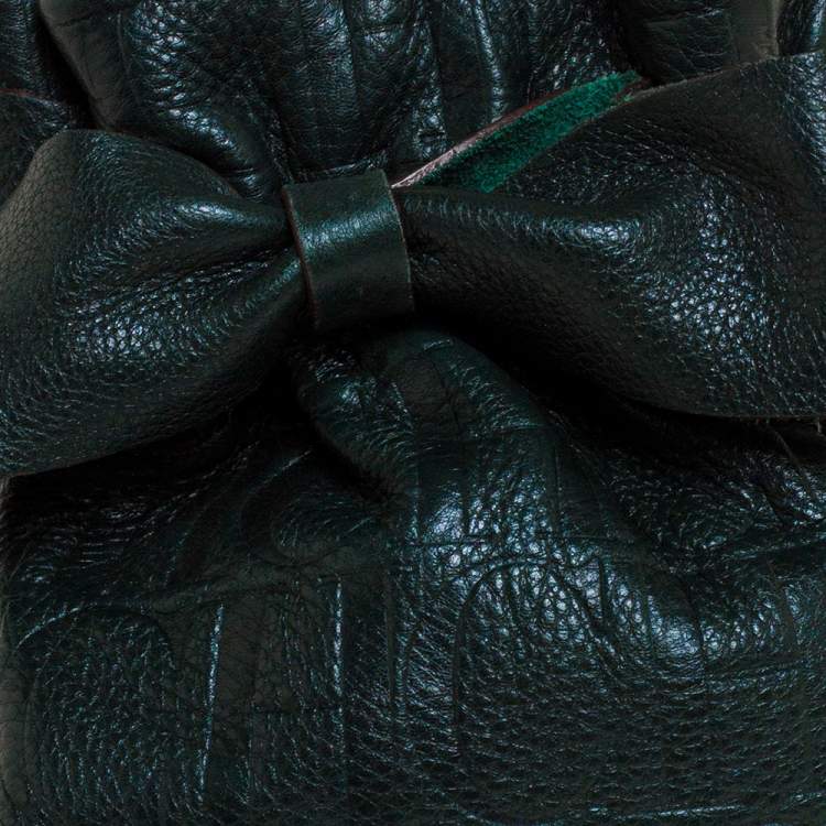 Pre Owned Carolina Herrera Dark Green Monogram Embossed Leather Bow Bucket Shoulder Bag