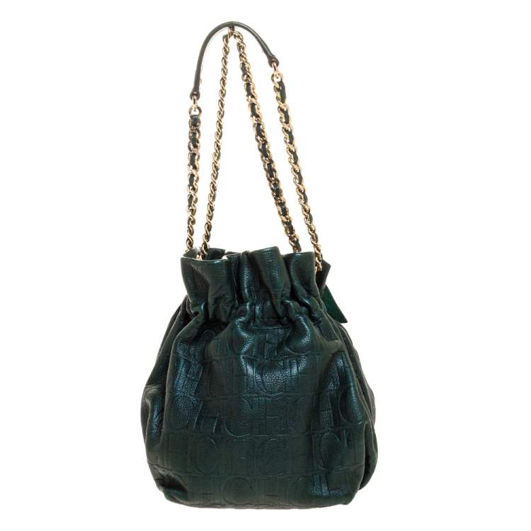 Pre Owned Carolina Herrera Dark Green Monogram Embossed Leather Bow Bucket Shoulder Bag