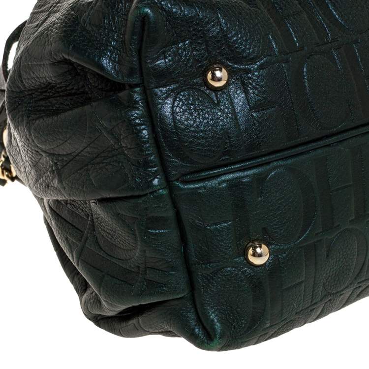 Pre Owned Carolina Herrera Dark Green Monogram Embossed Leather Bow Bucket Shoulder Bag