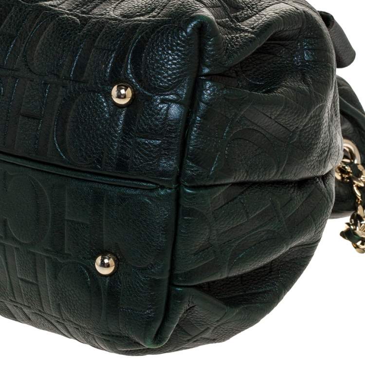 Pre Owned Carolina Herrera Dark Green Monogram Embossed Leather Bow Bucket Shoulder Bag