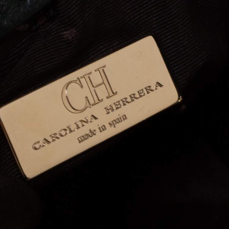 Pre Owned Carolina Herrera Dark Green Monogram Embossed Leather Bow Bucket Shoulder Bag