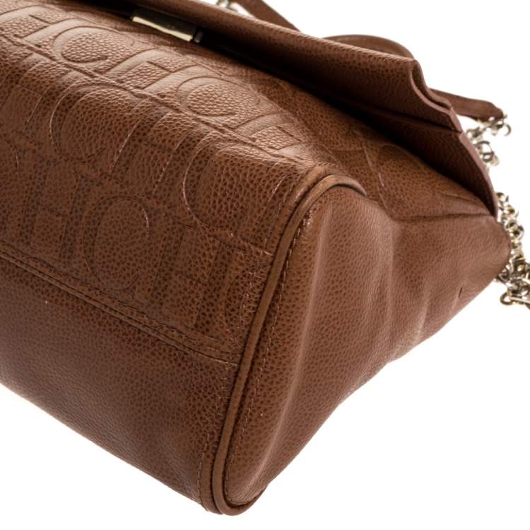 Pre Owned Carolina Herrera Brown Embossed Leather Minuetto Flap Top Handle Bag