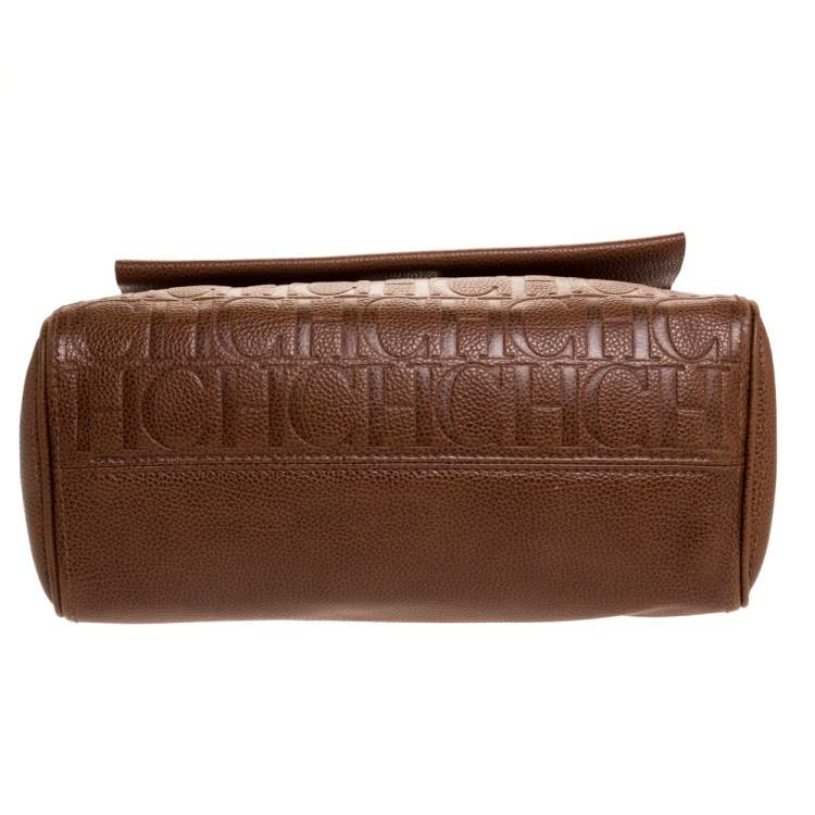 Pre Owned Carolina Herrera Brown Embossed Leather Minuetto Flap Top Handle Bag