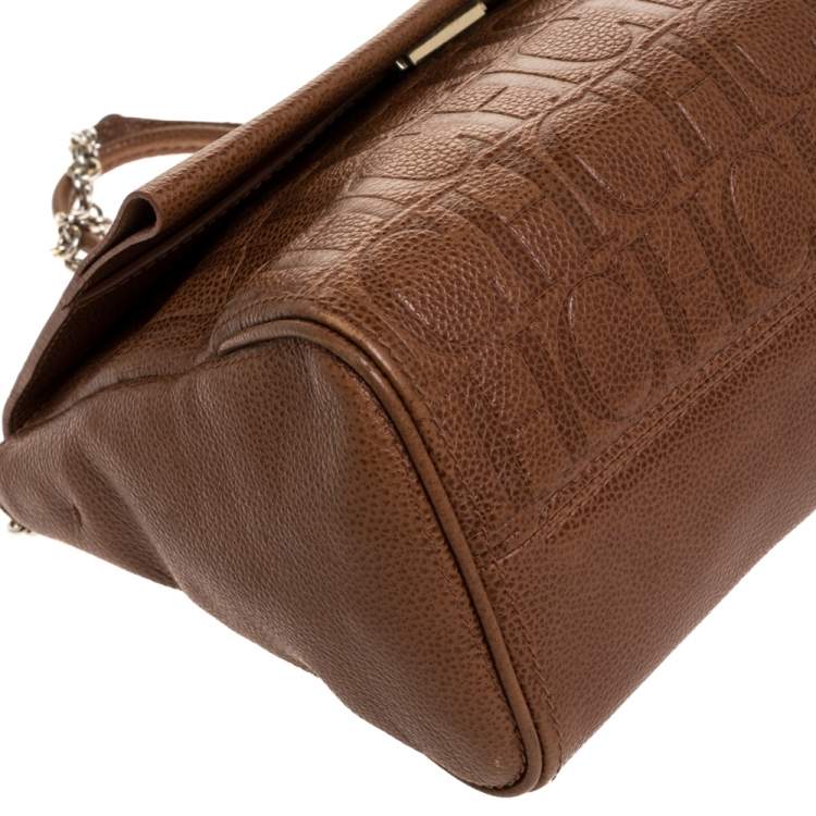 Pre Owned Carolina Herrera Brown Embossed Leather Minuetto Flap Top Handle Bag