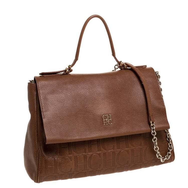 Pre Owned Carolina Herrera Brown Embossed Leather Minuetto Flap Top Handle Bag