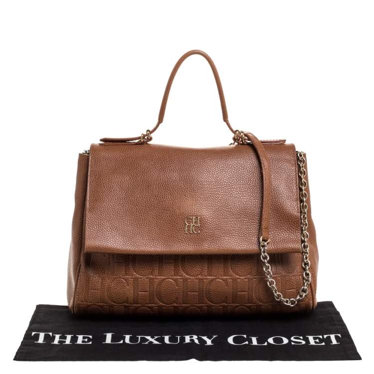 Pre Owned Carolina Herrera Brown Embossed Leather Minuetto Flap Top Handle Bag
