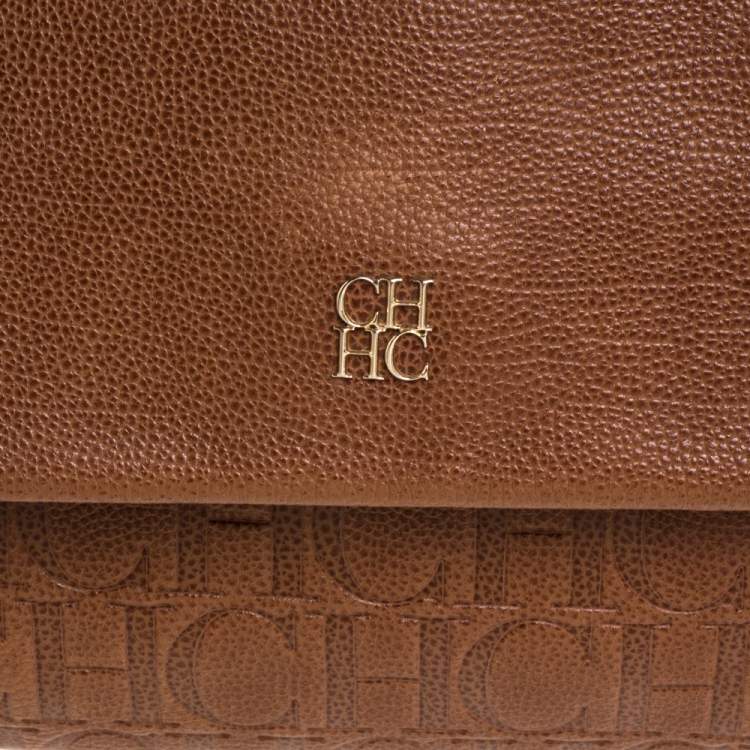 Pre Owned Carolina Herrera Brown Embossed Leather Minuetto Flap Top Handle Bag