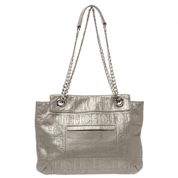 Pre Owned Carolina Herrera Metallic Monogram Leather Audrey Shoulder Bag