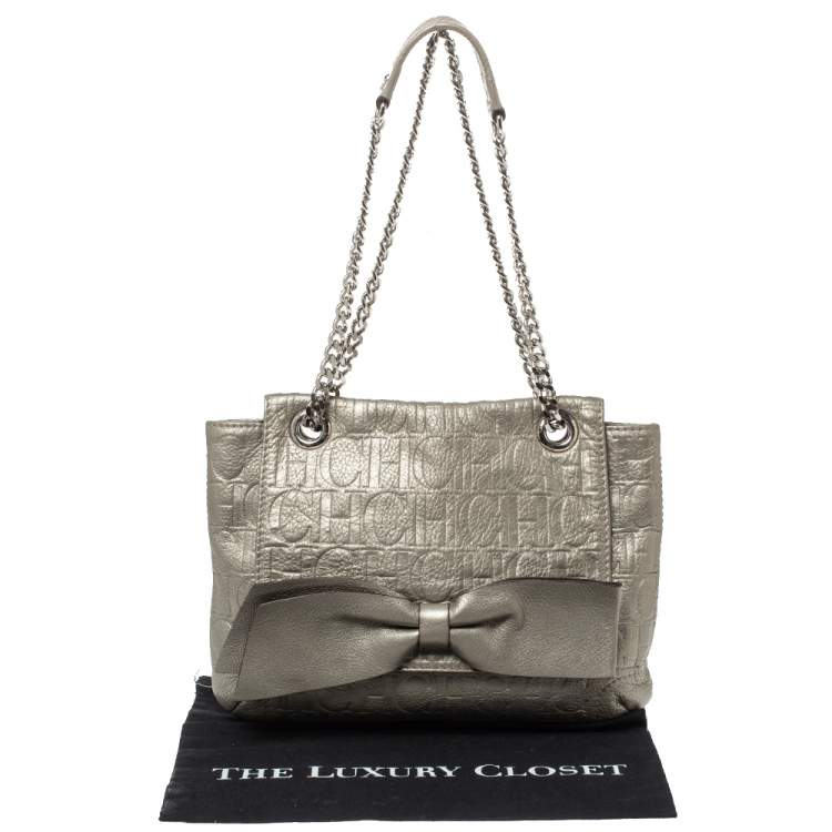 Pre Owned Carolina Herrera Metallic Monogram Leather Audrey Shoulder Bag