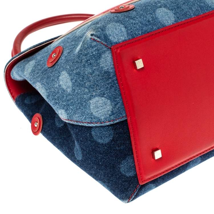 مملوكة مسبقًا Carolina Herrera Blue/Red Polka Dot Denim and Leather Flap Top Handle Bag