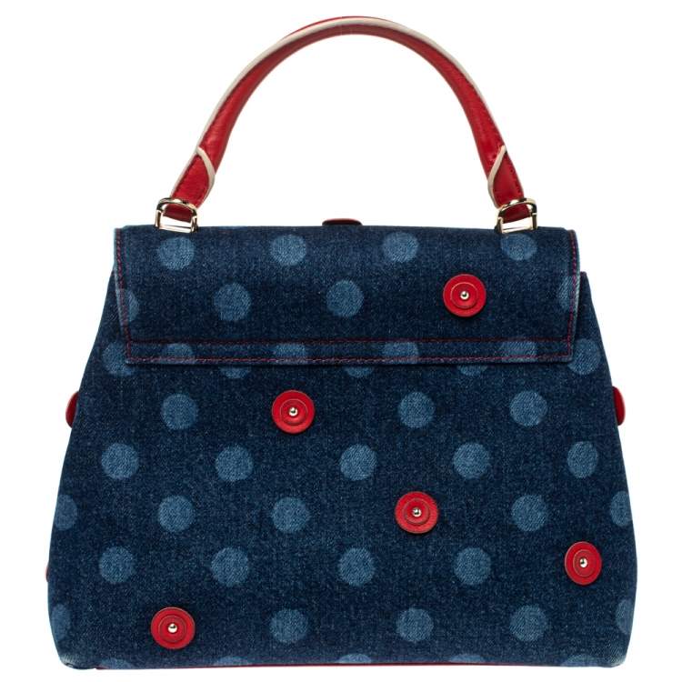 مملوكة مسبقًا Carolina Herrera Blue/Red Polka Dot Denim and Leather Flap Top Handle Bag