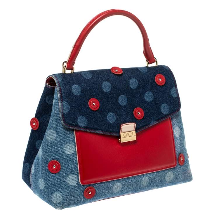 مملوكة مسبقًا Carolina Herrera Blue/Red Polka Dot Denim and Leather Flap Top Handle Bag