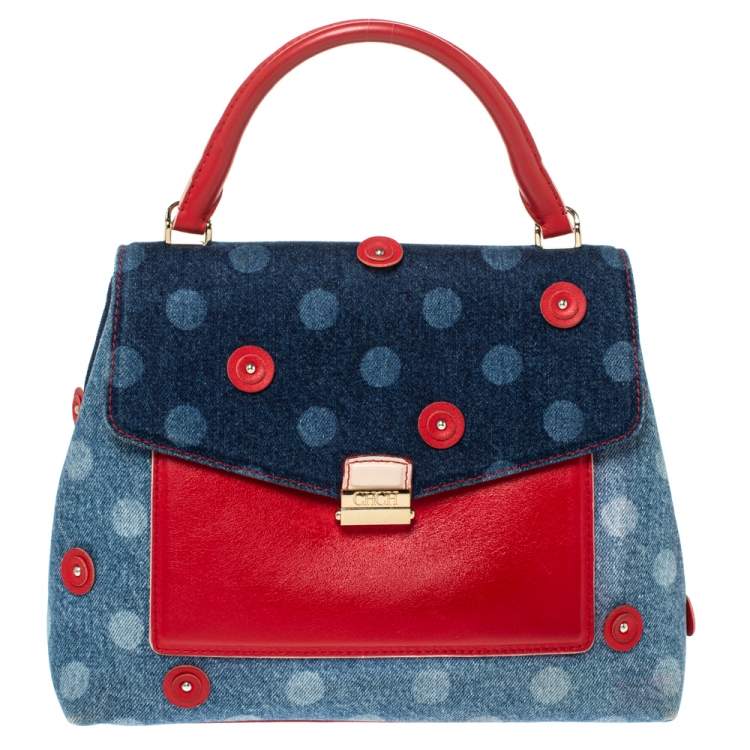 مملوكة مسبقًا Carolina Herrera Blue/Red Polka Dot Denim and Leather Flap Top Handle Bag