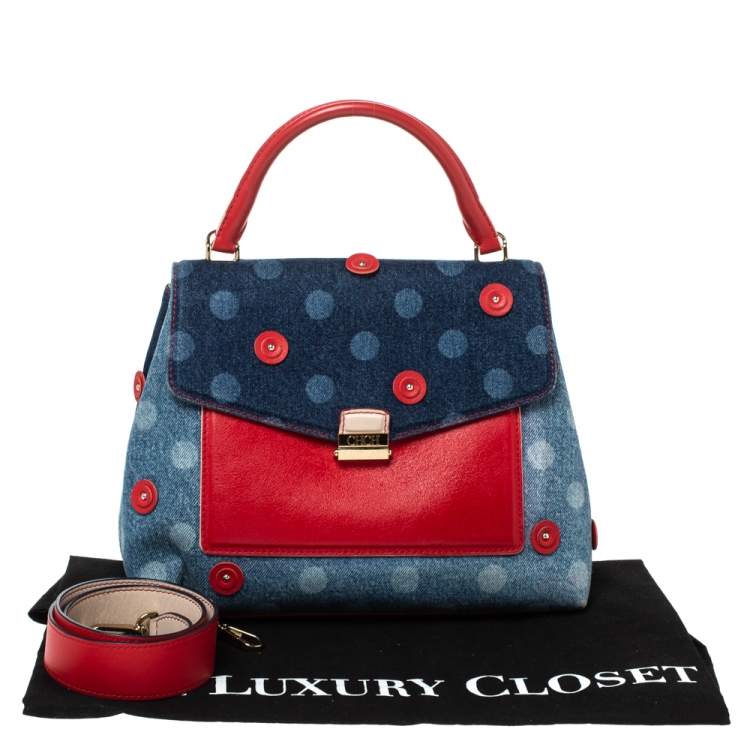 مملوكة مسبقًا Carolina Herrera Blue/Red Polka Dot Denim and Leather Flap Top Handle Bag