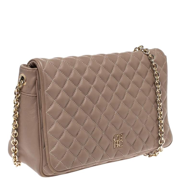 Pre Owned Carolina Herrera Beige Quilted Leather Flap Chain Shoulder Bag