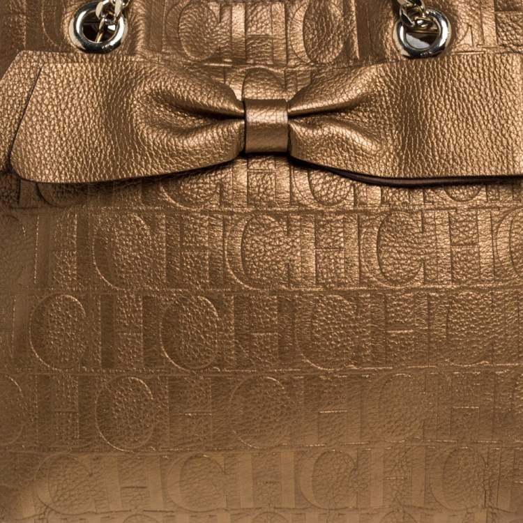 Pre Owned Carolina Herrera Gold Monogram Leather Audrey Tote 