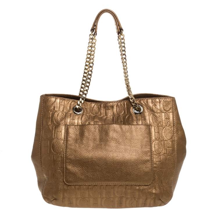Pre Owned Carolina Herrera Gold Monogram Leather Audrey Tote 