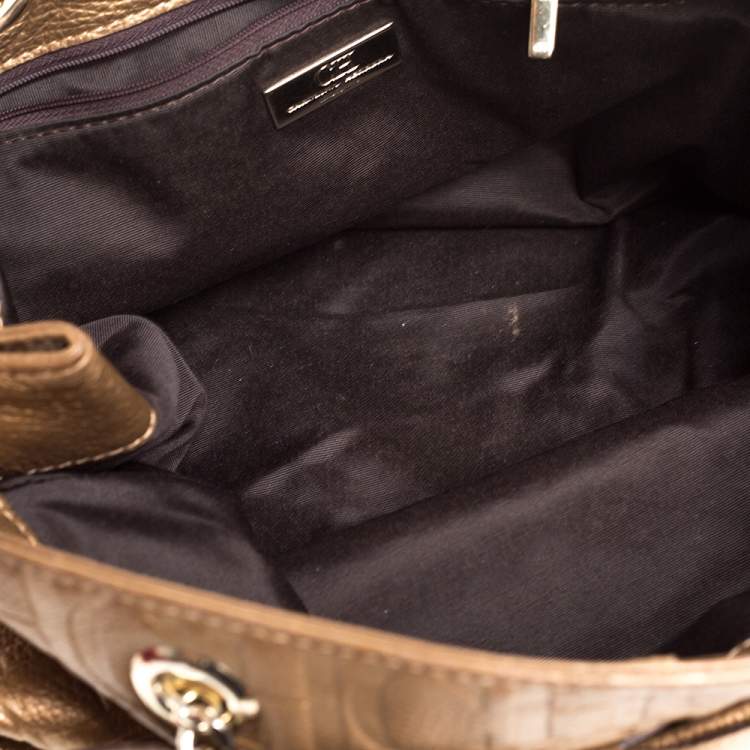 Pre Owned Carolina Herrera Gold Monogram Leather Audrey Tote 