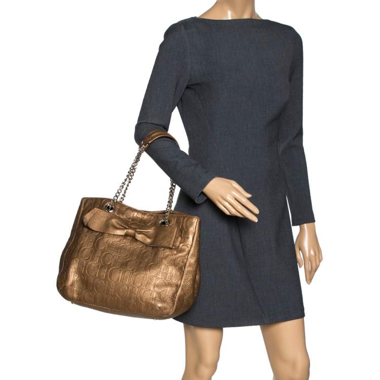 Pre Owned Carolina Herrera Gold Monogram Leather Audrey Tote 