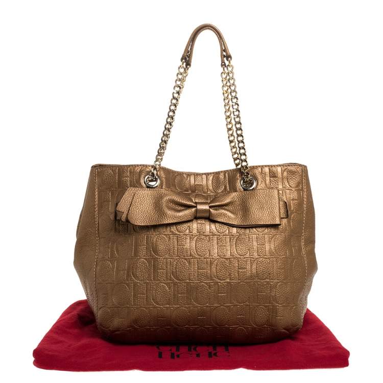 Pre Owned Carolina Herrera Gold Monogram Leather Audrey Tote 