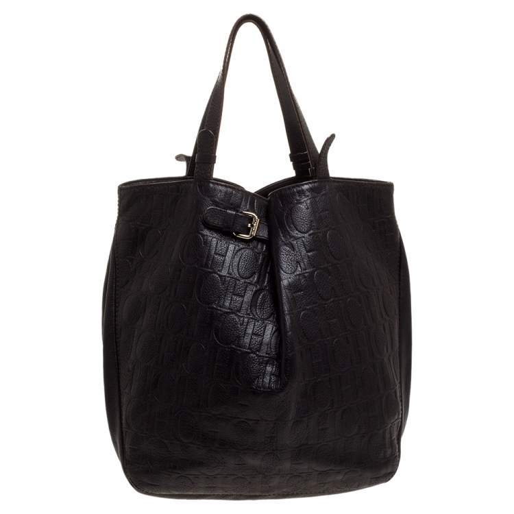 Pre Owned Carolina Herrera Dark Brown Monogram Leather Tote