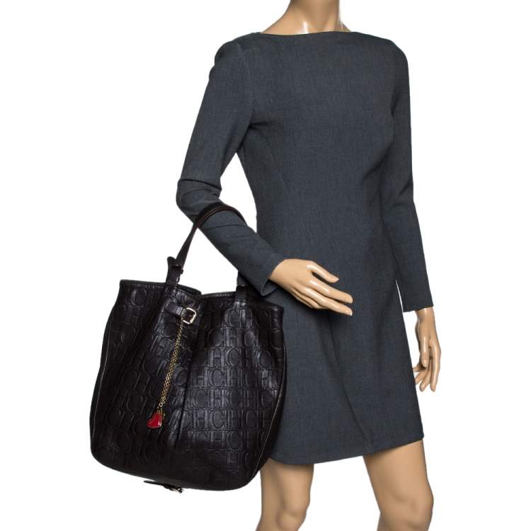 Pre Owned Carolina Herrera Dark Brown Monogram Leather Tote