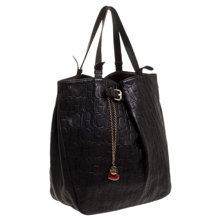 Pre Owned Carolina Herrera Dark Brown Monogram Leather Tote