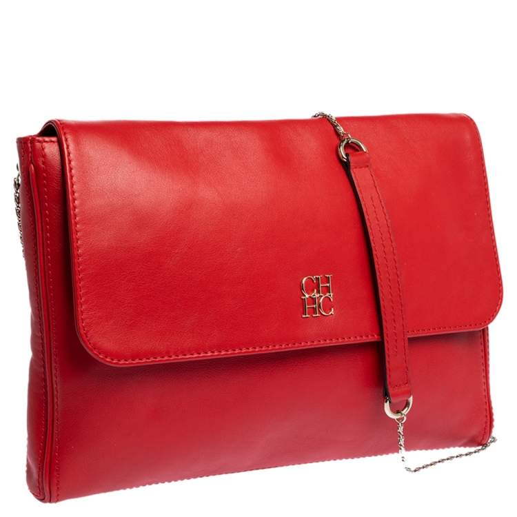 Pre Owned Carolina Herrera Red Leather Flap Shoulder Bag