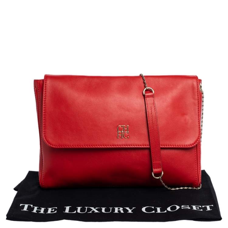 Pre Owned Carolina Herrera Red Leather Flap Shoulder Bag