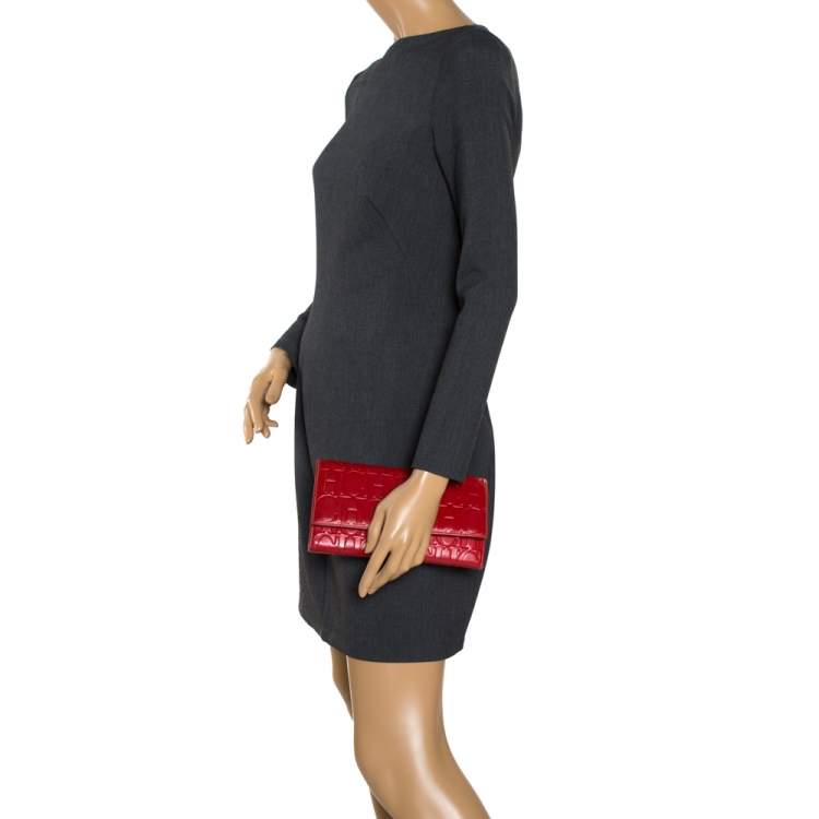 Pre Owned Carolina Herrera Red Monogram Leather Clutch