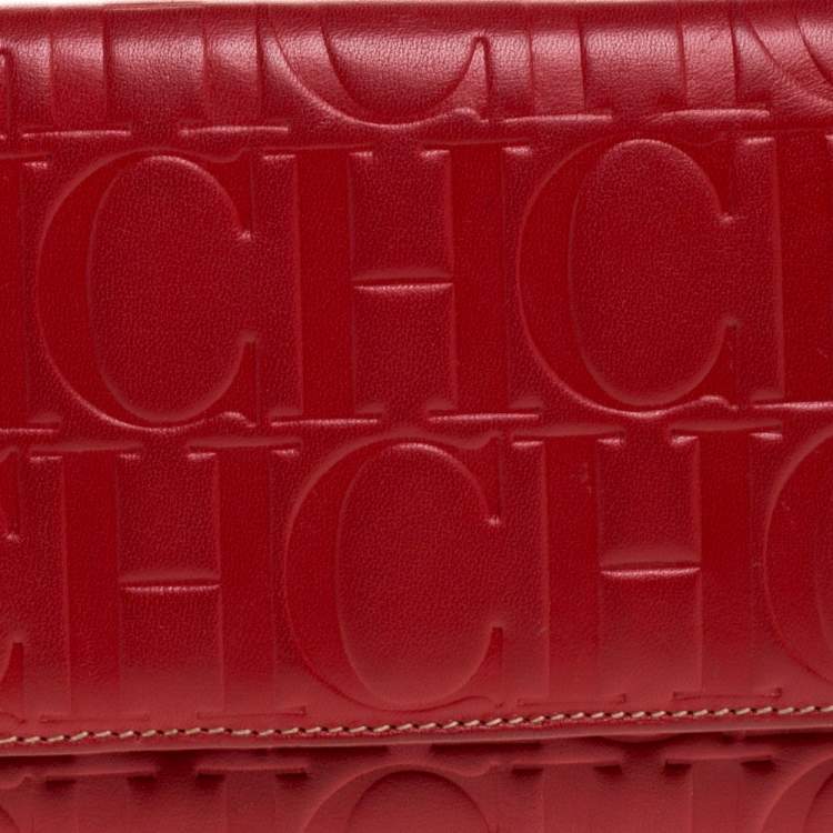 Pre Owned Carolina Herrera Red Monogram Leather Clutch