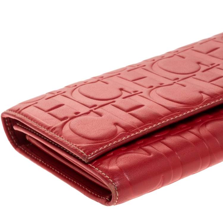 Pre Owned Carolina Herrera Red Monogram Leather Clutch