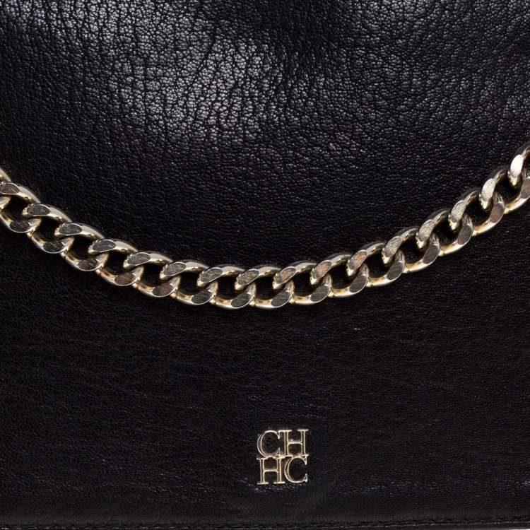 Pre Owned Carolina Herrera Black Leather Flap Shoulder Bag