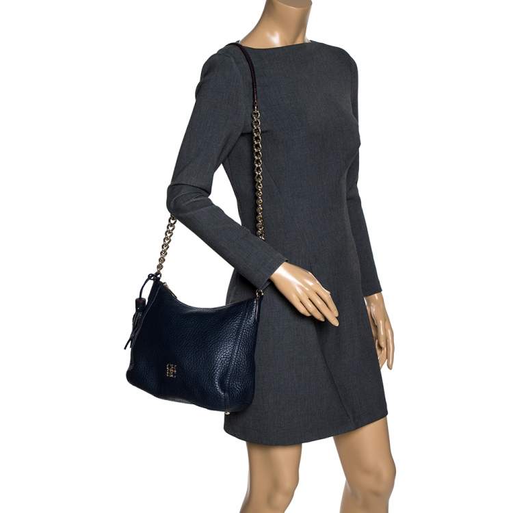 Pre Owned Carolina Herrera Navy Blue Pebbled Leather Maria Shoulder Bag