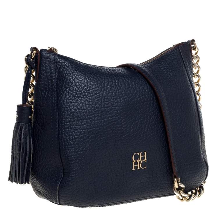 Pre Owned Carolina Herrera Navy Blue Pebbled Leather Maria Shoulder Bag